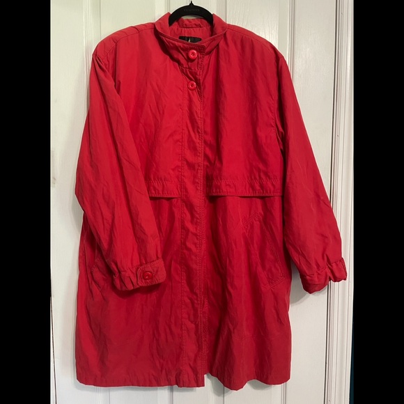 Vintage Misty Harbor Bright Red/Coral Trench Coat Long Wind Breaker Size 14 - Picture 2 of 9